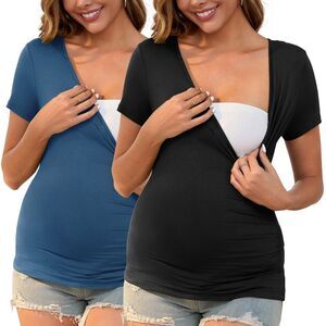 2 Pack Wrap V Neck Breastfeeding Stretch Maternity T-Shirt Black&Blue